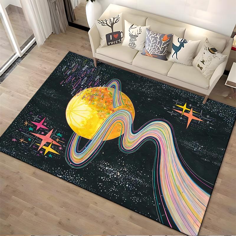 "Colorful Galaxy Carpet with Planet, Stars, and Rainbow Trail Design" Suitable for use as an anti-slip for living room bedroom sofas