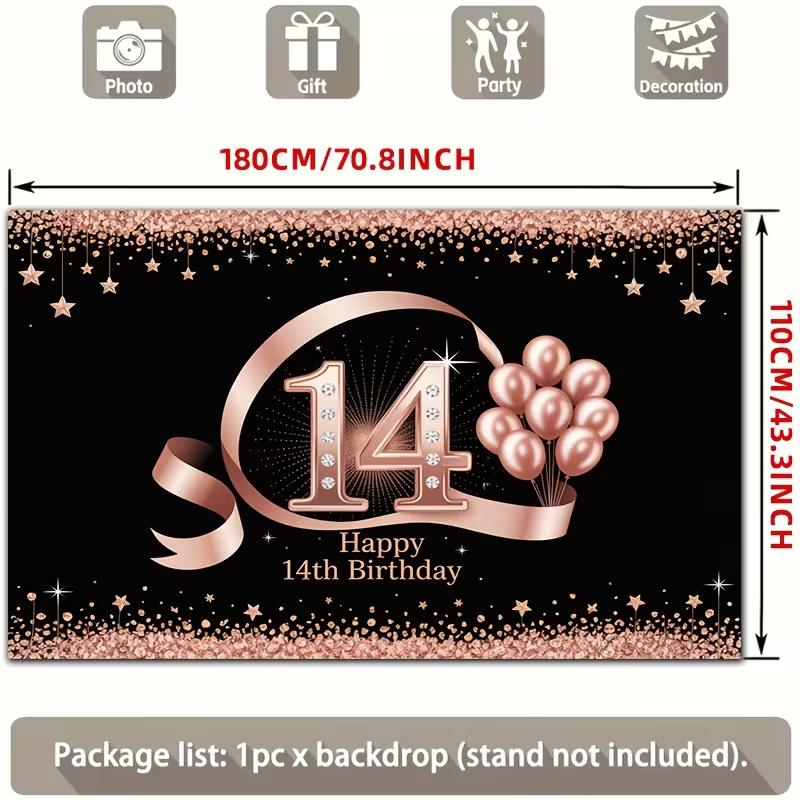 

2D Elegant Black Rose Gold 14th Birthday Backdrop Banner Party Decoration 47.2x31.5inch/120*80cm