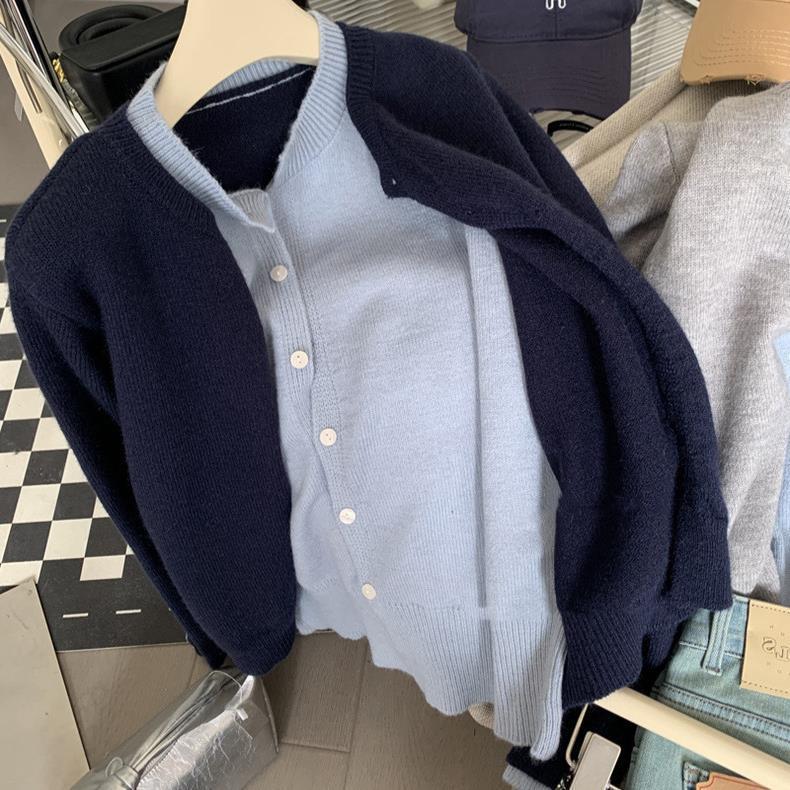 

Женский осенний свитер-жакет контрастного цвета с круглым вырезом, имитация двойки, простой свободный кардиган с длинным рукавом average size F