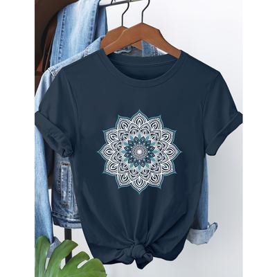 Damski T-shirt z krótkim rękawem z nadrukiem kwiatowej mandali, casualowy top z okrągłym dekoltem z turkusowo-czarną grafiką, miejski styl, koszulka z nadrukiem