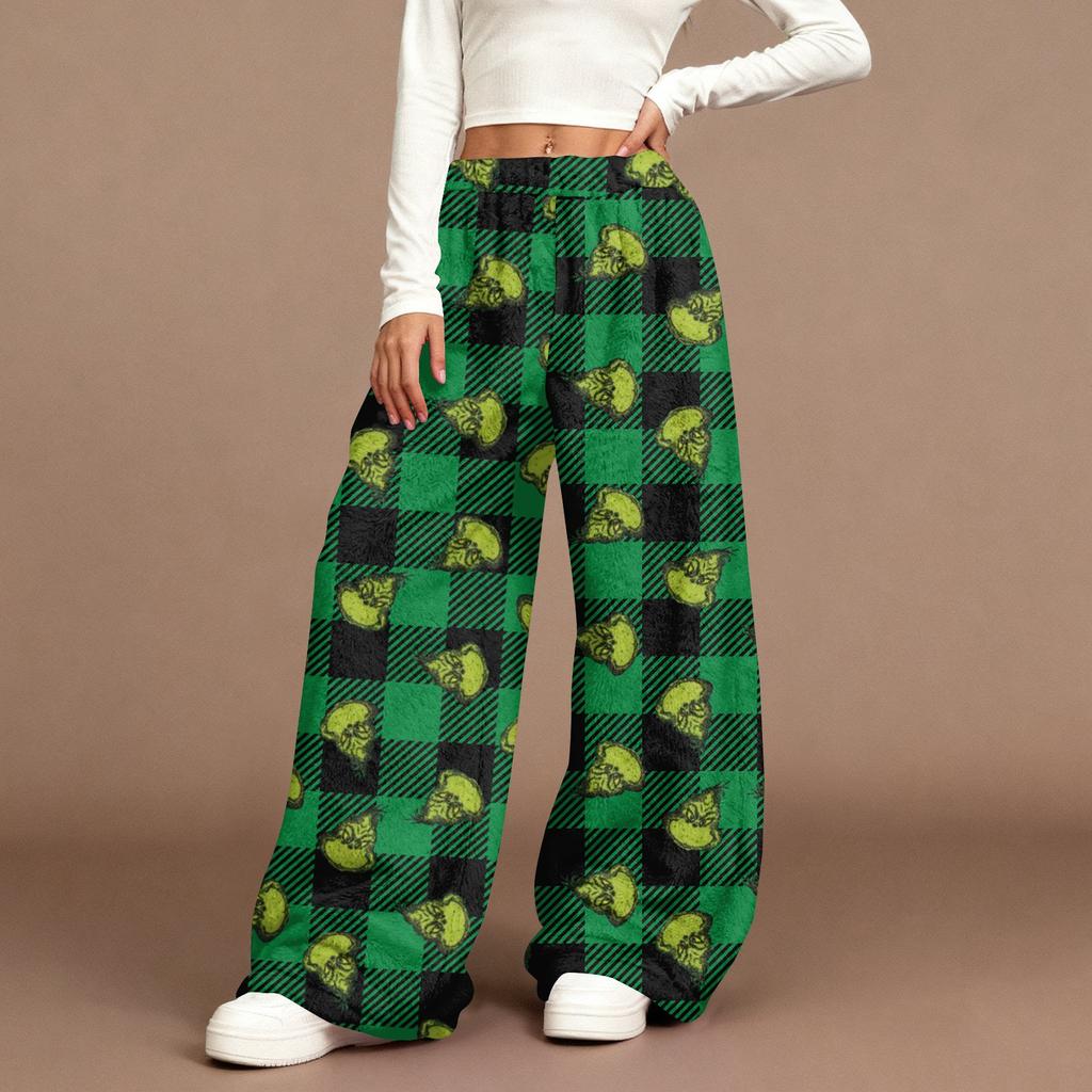 Women's Casual Fashion Christmas Print Elastic Waist Loose Plush Wide Leg Pants