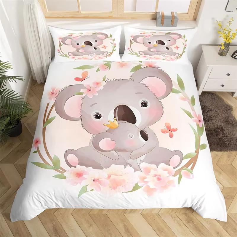 Kids Cute Koala Duvet Cover Microfiber Girls Cartoon Animal Bedding Set Twin King Australia Wild Animals Floral Comforter Cover