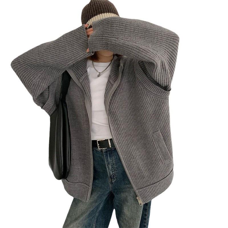 Automne Vent Paresseux Ample Grande Version du Sens du Design Veste Pull à Capuche Zippée Cardigan Tricoté Femme