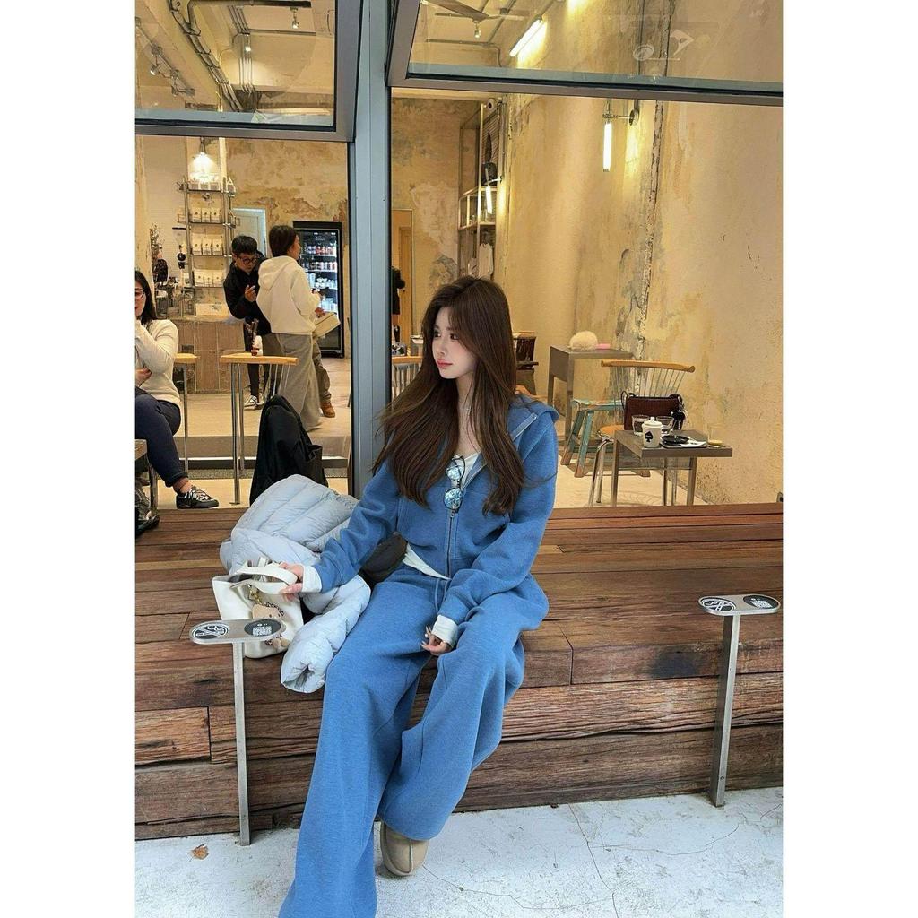 Women's Autumn Casual Hooded Zipper Sweatshirt & Wide-Leg Sweatpants Set