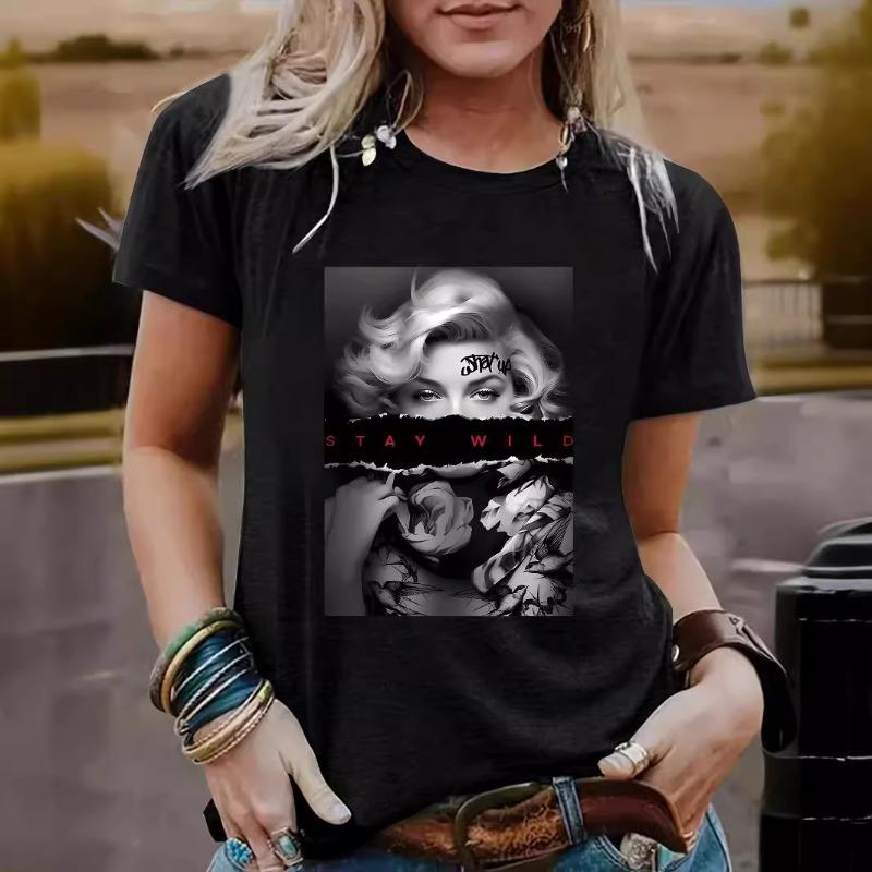 

Летняя женская одежда с рисунком из чистого хлопка с круглым вырезом и короткими рукавами, повседневные модные футболки для женщин 3XL чёрный