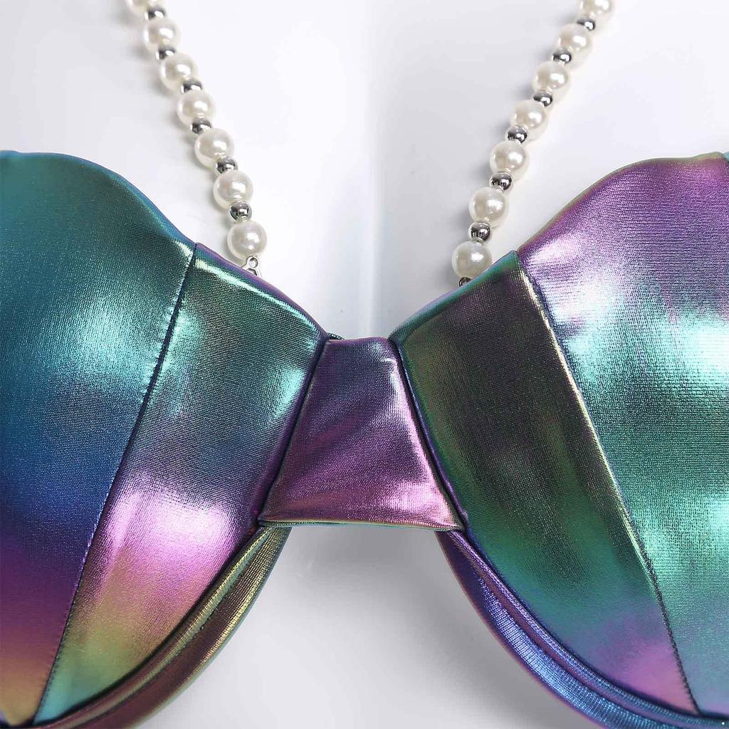 S-XXL Women‘s Glitter Mermaid Bikini Top: Halter Neck with Pearl Chains, Shell Shape & Light Padding for Beach Party