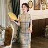 Light bean green plaid sleeveless cheongsam 1011 new new Chinese style gentle intellectual retro elegant temperament dress women