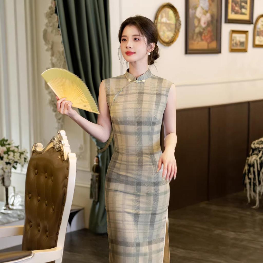 Light bean green plaid sleeveless cheongsam 1011 new new Chinese style gentle intellectual retro elegant temperament dress women
