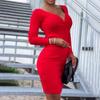 2024 Women's Sexy Deep V Neck Long Sleeve Dress Ladies Pleated Hip-hugging Dress Elegant Party Dress