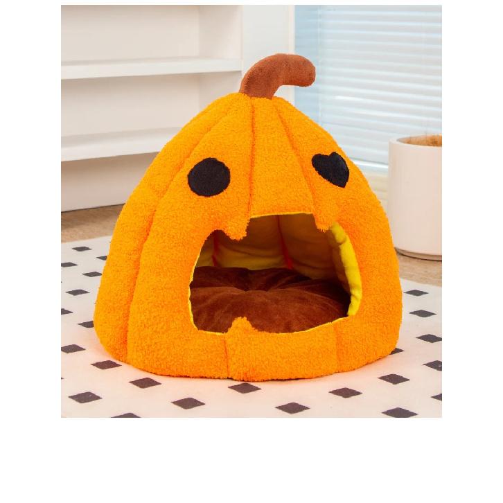 2026 New Fall/Winter Halloween Pumpkin Semi-Enclosed Cat Bed Soft and Warm Dog House Pet Supplies Comfortable Dog Bed