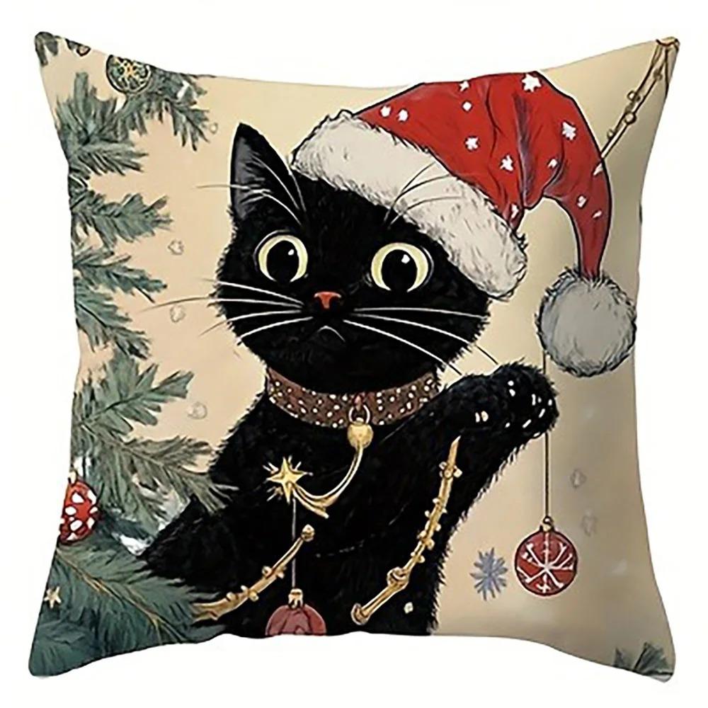 1Pc Charming Christmas Black Cat Pillowcases: Festive Decor For Your Home Sofa Room Cushion Cover Home Decoration New Year Gift