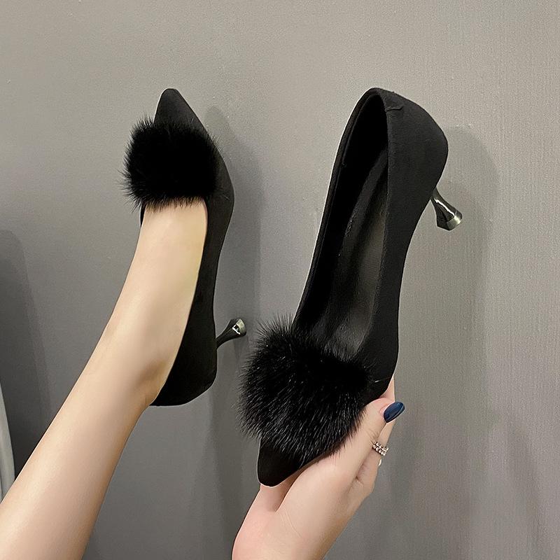 Women's Fashionable Furry Stiletto Heels - Comfortable, Versatile, Pointed-Toe High Heels for Autumn/Winter.