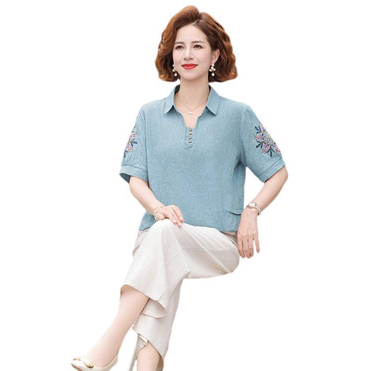 Women's Casual Summer Lapel T-Shirt - Short-Sleeved, Thin, Loose Fit for Middle-Aged and Elderly