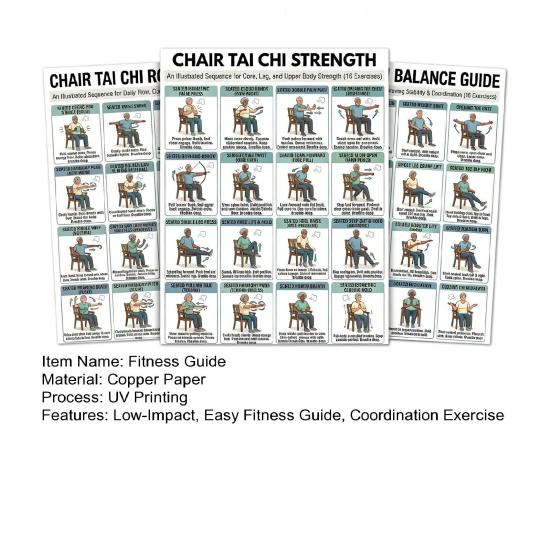 3er Set Tai Chi Übungsplakate für Stuhlübungen Sitzendes Trainingsdiagramm für Senioren Niedrigintensive Balance-Krafttrainingsanleitung