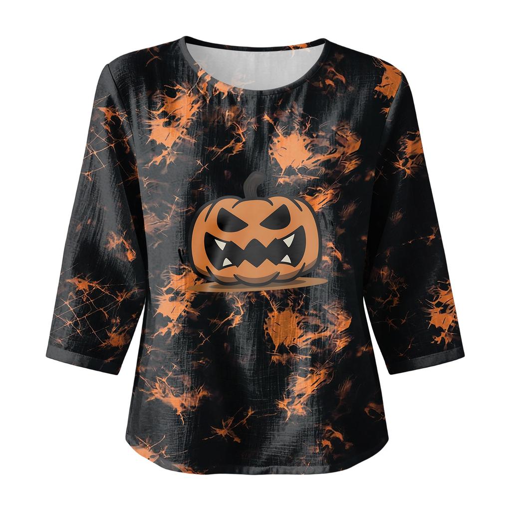 Women's Casual Halloween Print Three-Quarter Sleeve Round Neck Cotton Linen Blouse