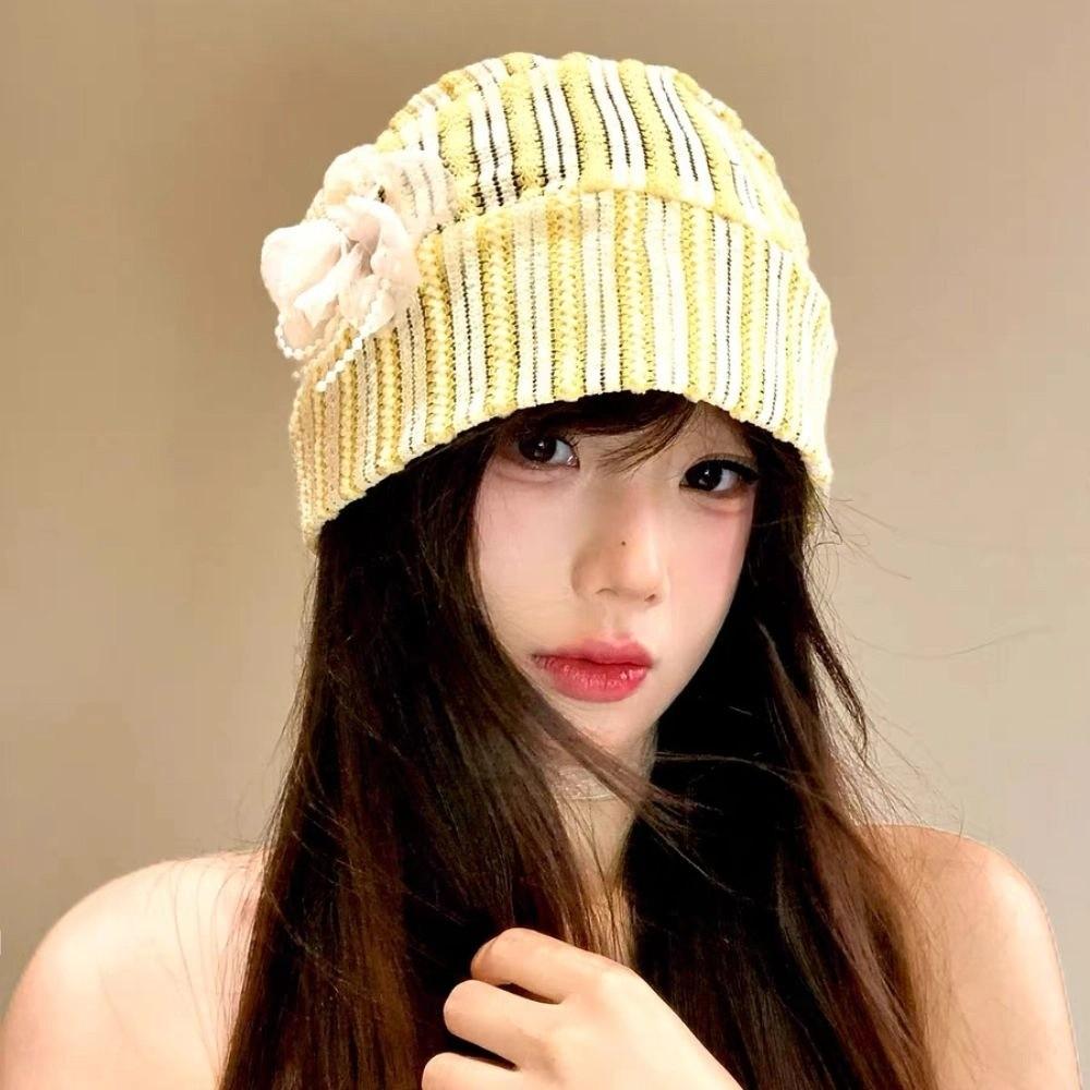 Sweet Beanies Hat Breathable Knitted Hat Casual Flower Pullover Hat  Outdoor