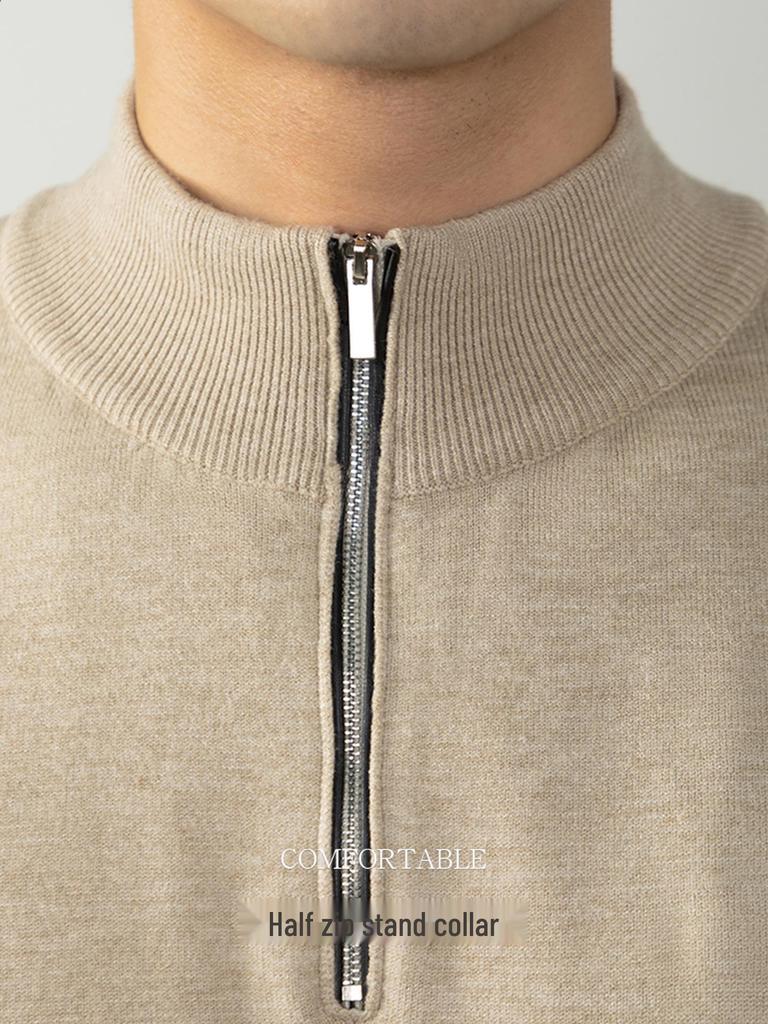 Luxurious, Soft, and Skin-friendly Men's Slim-fit Half-zip Stand-collar Wool Sweater; Thickened for Warmth In Autumn and Winter.