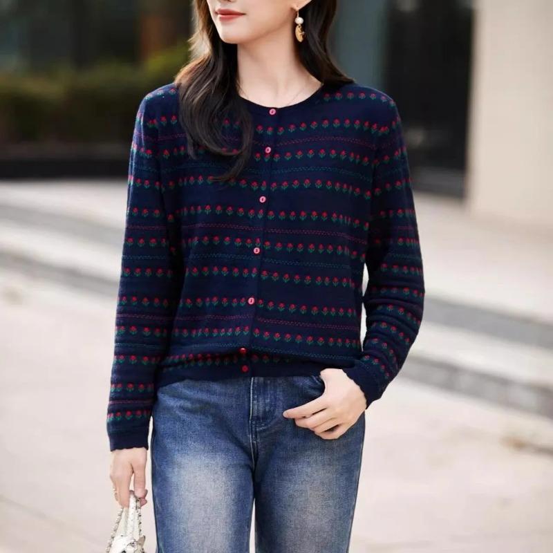 

Jacket Retro Fashion Knitted Round Neck Cardigan Sweater Top L синий