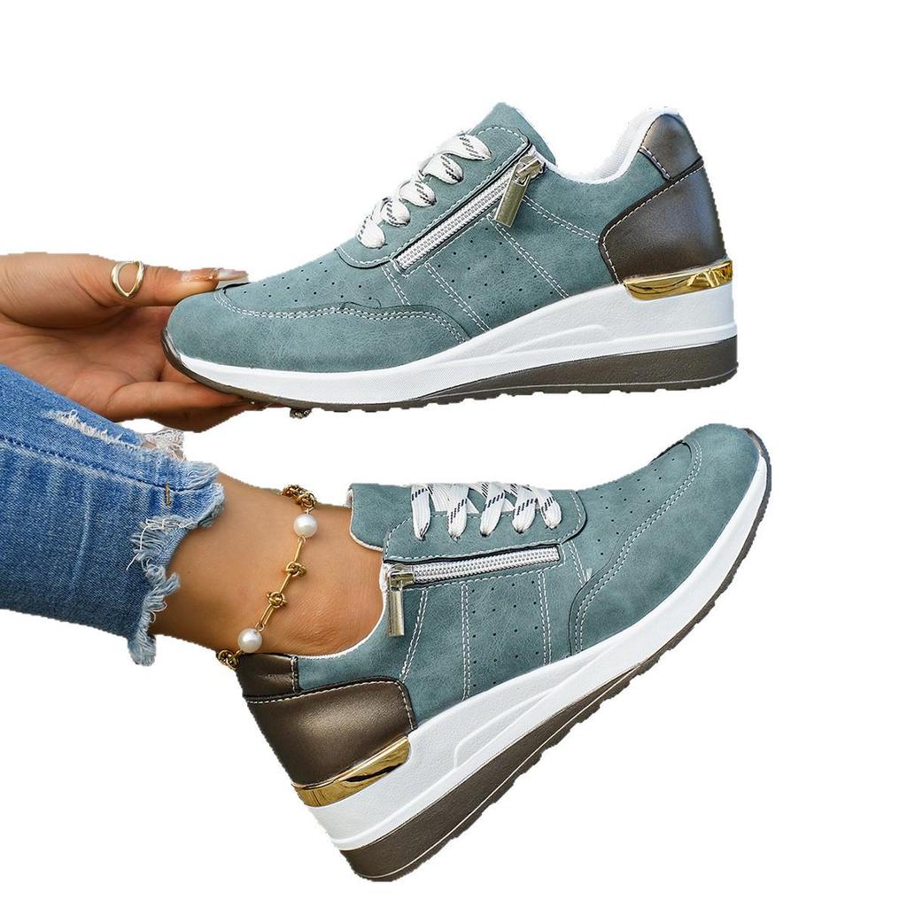 European & American Wedge Heel Fashion Sneakers: Versatile, Plus-Size, Color Block, Thick Sole Casual Shoes for Women
