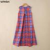 VONDA Ethnic Women Casual Round Neck Sleeveless Plaid Print Casual Tunic Dress