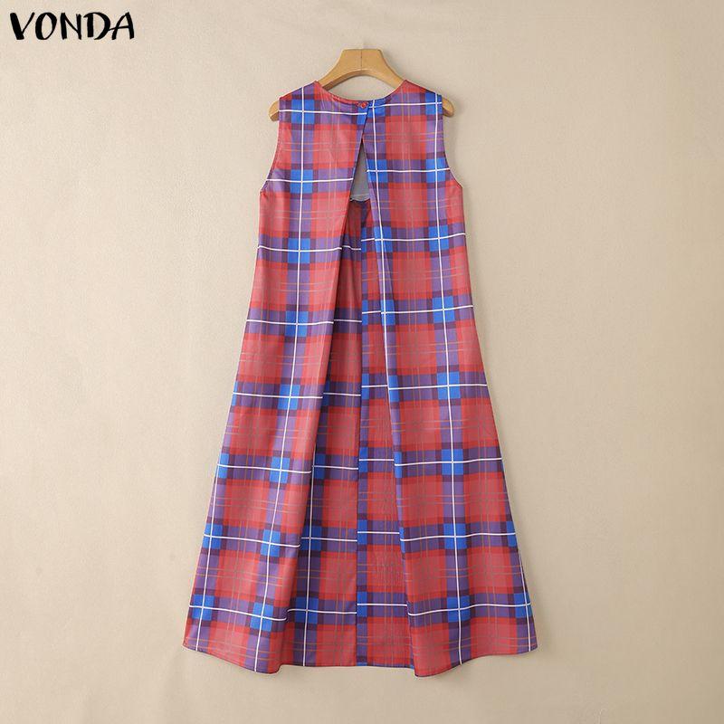 VONDA Ethnic Women Casual Round Neck Sleeveless Plaid Print Casual Tunic Dress