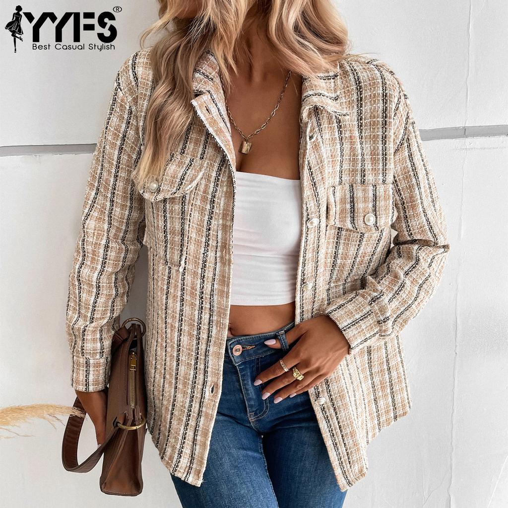 YYFS Dámská móda Ležérní Podzim Zima Pruhovaný potisk Halenky a košile POLO s dlouhým rukávem