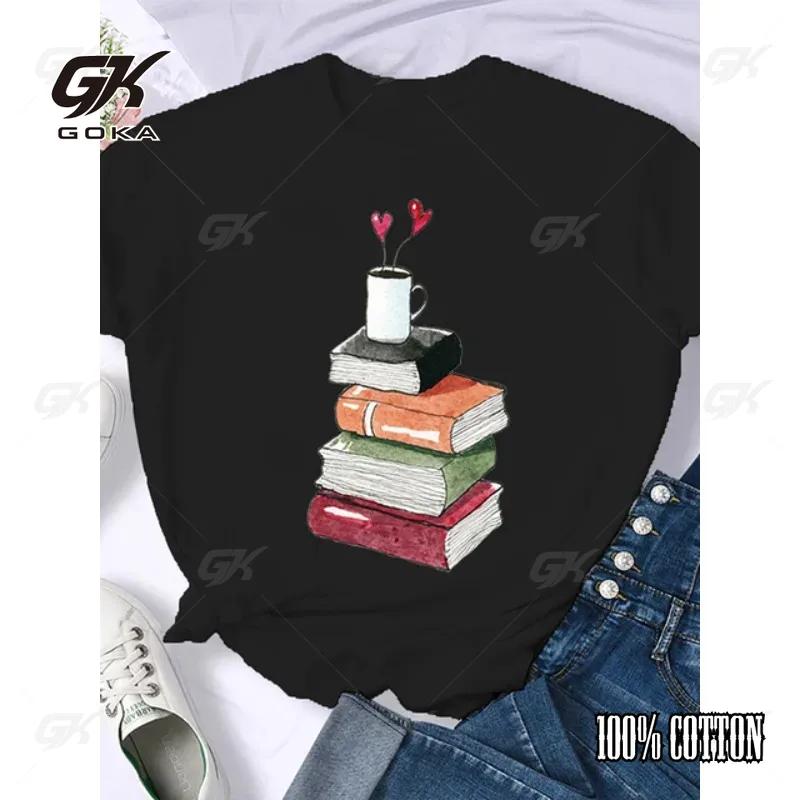 Coffee Books Brown Books American Retro Cotton T Shirt Woman Round Neck Half Sleeve T-shirts Printed Tops Woman Oversized Tees