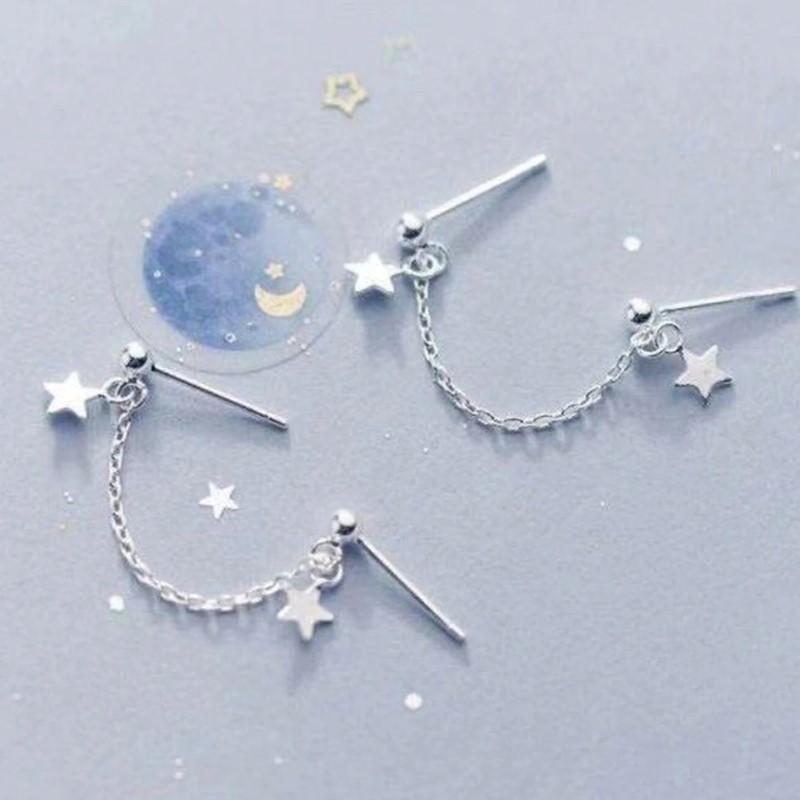 Silver Star Shape Tassel Double Ear Hole Stud Earring for Women Simple Y2K Party Jewelry Gifts