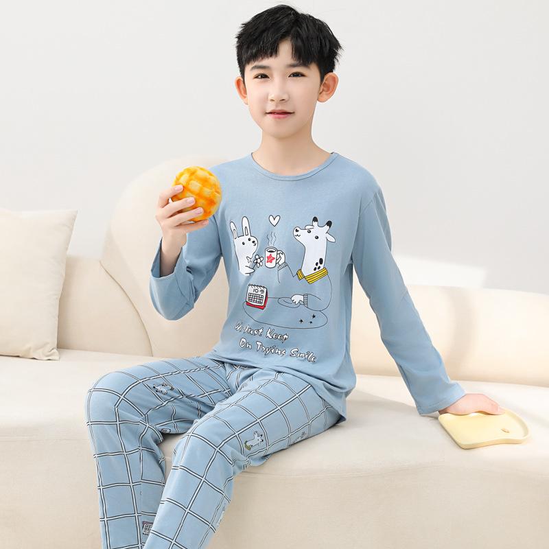 Boys' Long Sleeve Cotton Pajama Set for Summer with Air Conditioning Suit