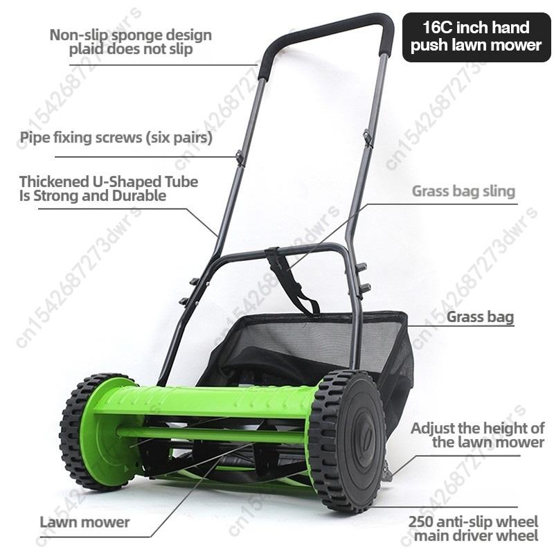 Mașină de tuns iarba multifuncțională de 16 inchi pentru vile de grădină, mașină de tuns iarba compactă și ușoară cu împingere manuală pentru peluze și grădini mici