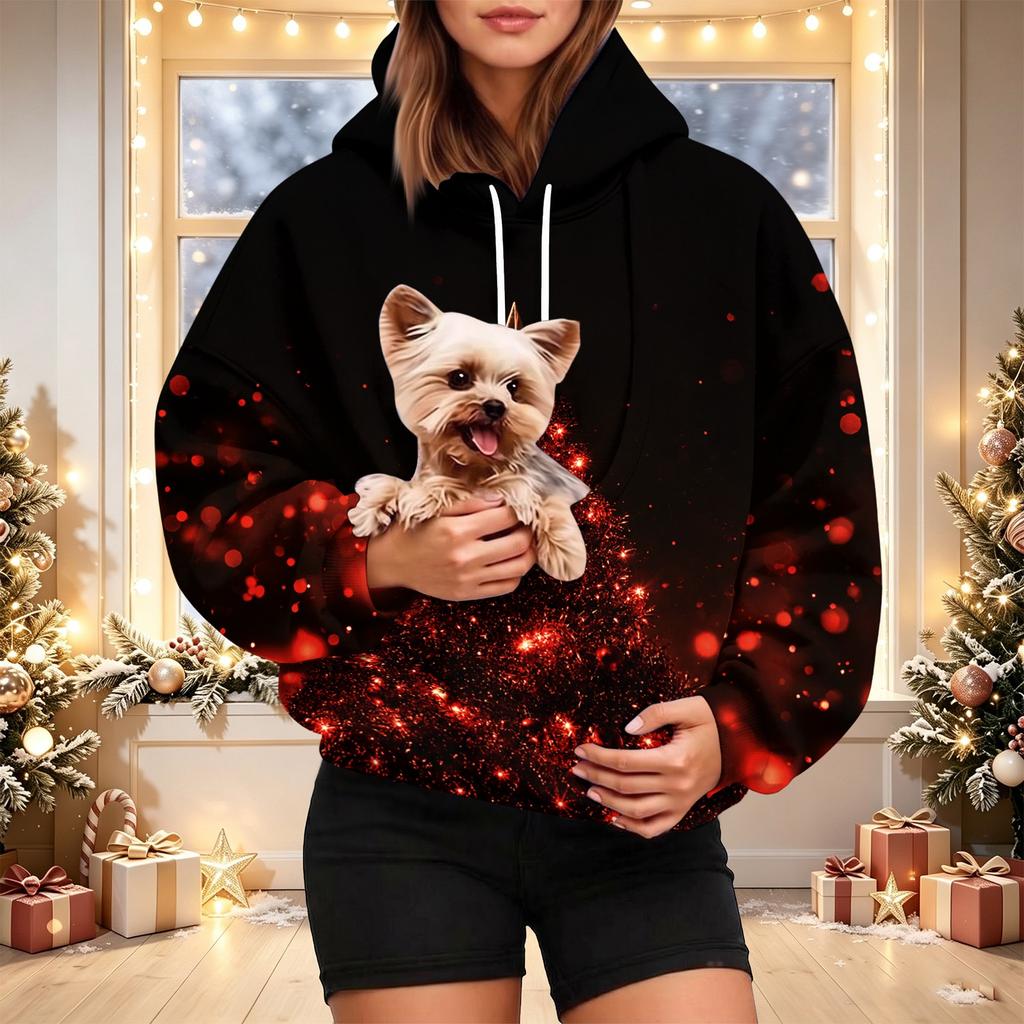 Damen Mode Weihnachtsdruck Hoodie mit Haustier-Tasche, Lässiger Pullover für Feiertagskleidung