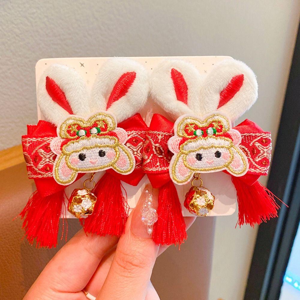 Bunny Plush Rabbit Hairpin Tassel Chinese New Year Headwear Sweet Bow Hair Clip  Children