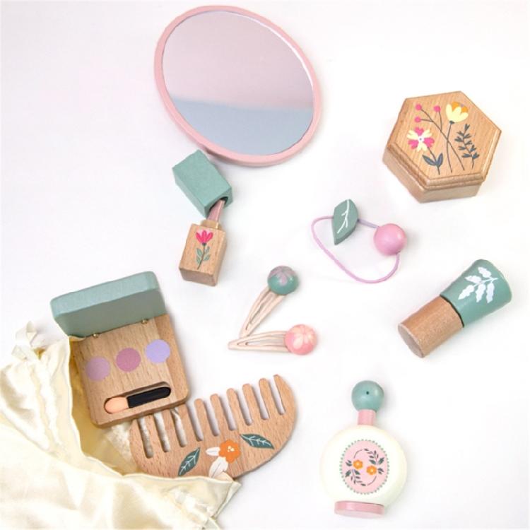 Kids Wooden Pretend Beauty Set 10Pieces Makeup Toy Set For Girls Age 3 4 5+ Includes Cosmetic Tools Mirror Creative Play Gift