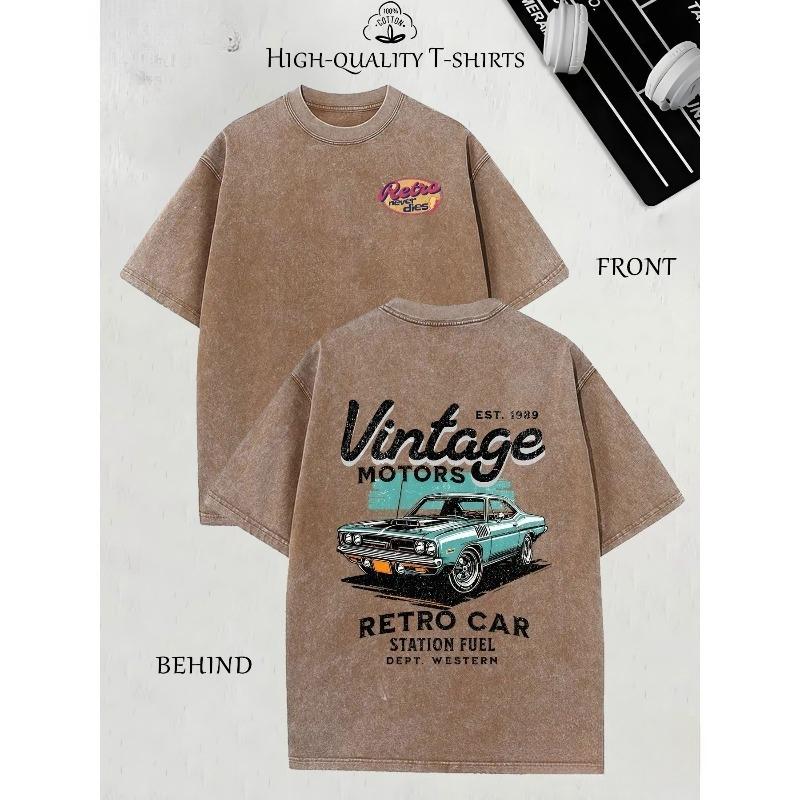 Street Trendy Herrenbekleidung, Retro-Auto-Muster Bedruckte Herren-Mode-T-Shirts, Hochwertige Heavy Washed T-Shirts, Rundhals Locker Große Größe