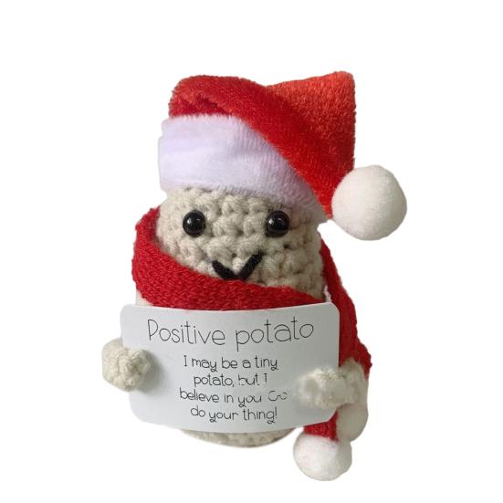 Positive Christmas Crochet Doll with Encouraging Card Emotional Support Handmade Knitting Santa Hat Potato Pickle Decoration Ornament Stress