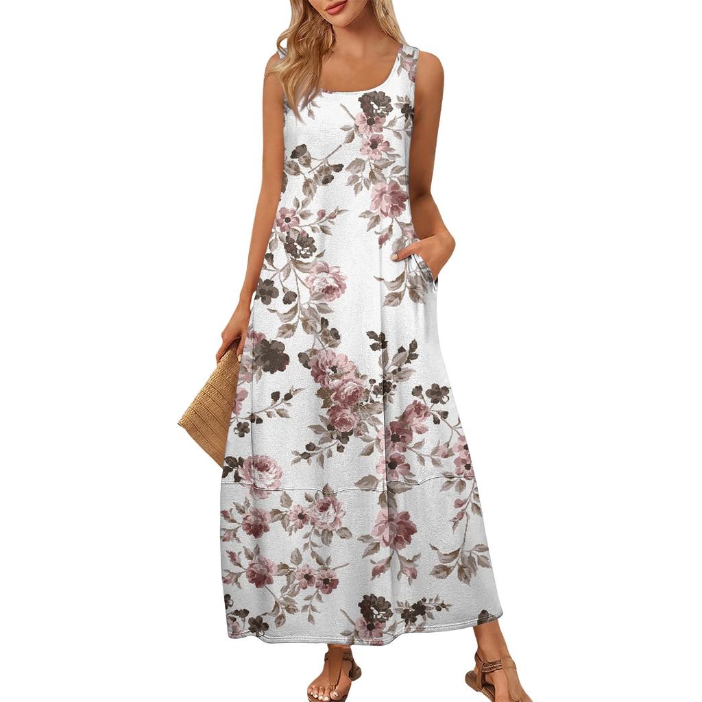 Women's Summer Fashion Round Neck Sleeveless Beach Dress Vintage Floral Printed Dresses