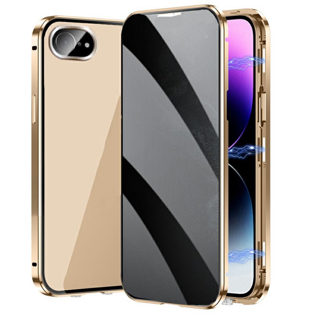 

For iPhone 16e Case Anti-Spy Double-Sided Tempered Glass+Magnetic Metal Frame Phone Cover Gold