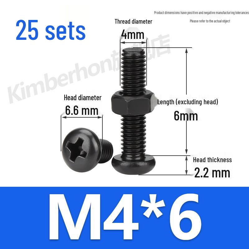 Complete Set of Black 304 Stainless Steel Phillips Round Head Screws and Nuts - M2M3M4M5M6MM.