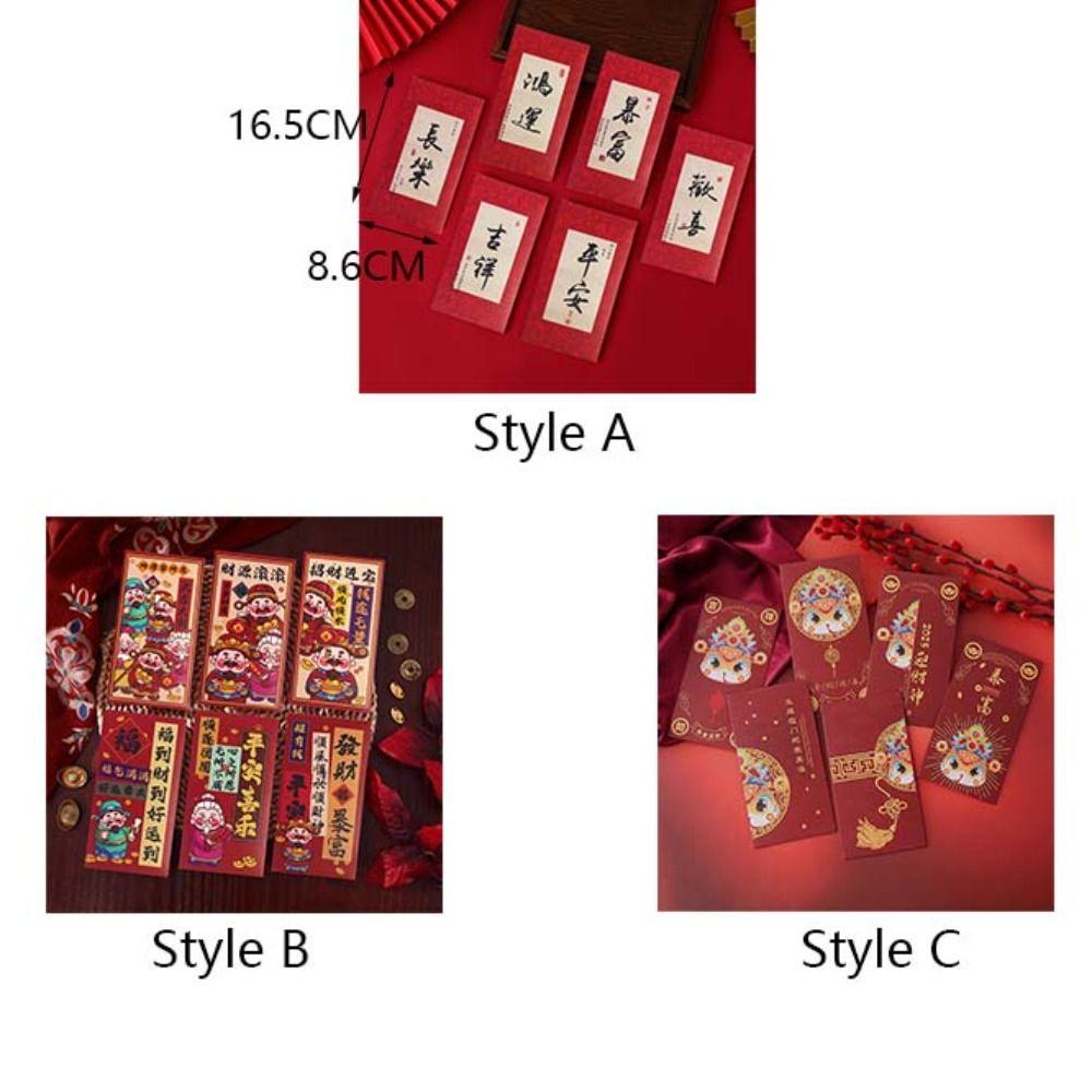 6Pcs Mixed Pattern Chinese New Year Red Envelope Solid Red Packet Lucky Money Bag  Kids