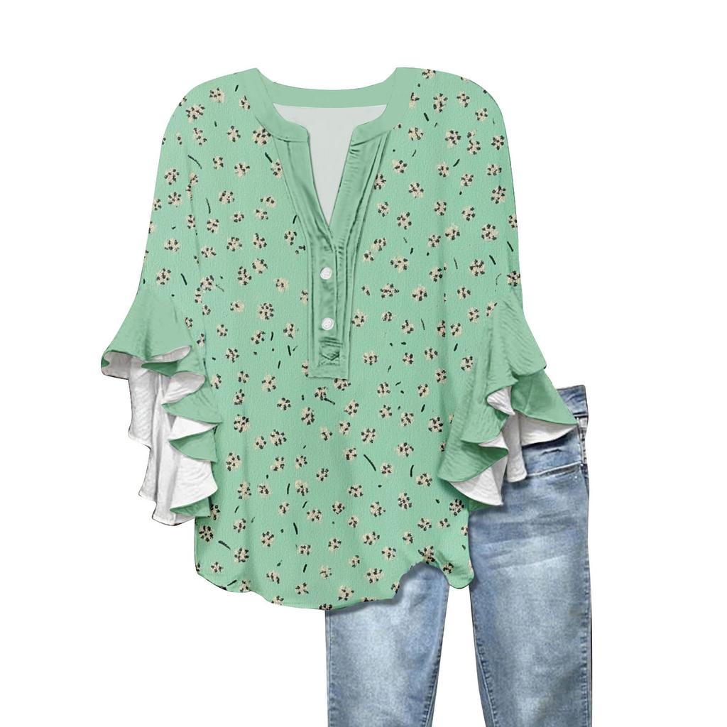 Women's Summer Tops V Neck Three-quarter Sleeves Floral Print Flowing Ruffle Sleeves Half-button Shirt