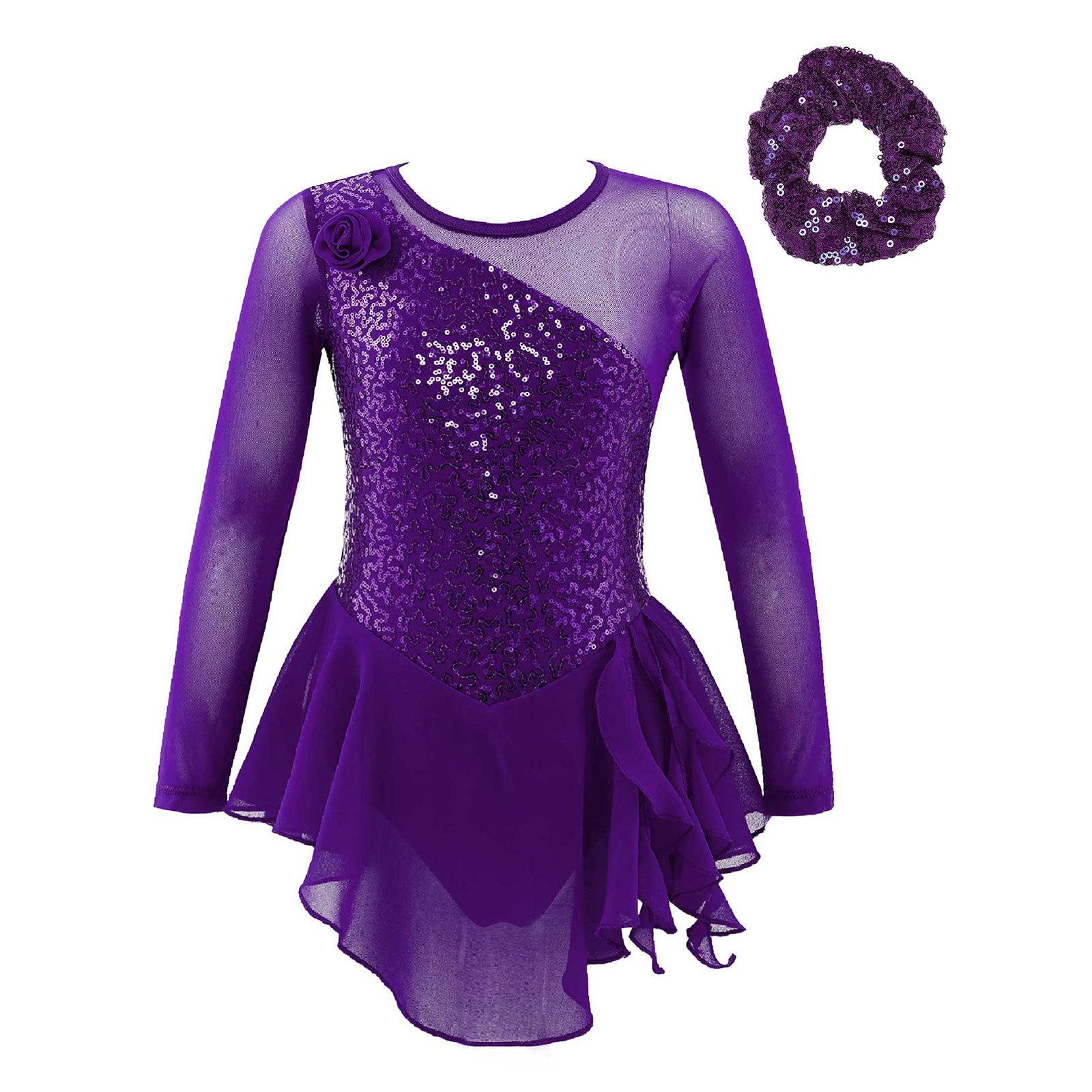 

Girls Dance Dress Long Sleeve Round Neckline Sequins Decor Flower Front Hollow Back Performance Outfit 11-12 Years фіолетовий