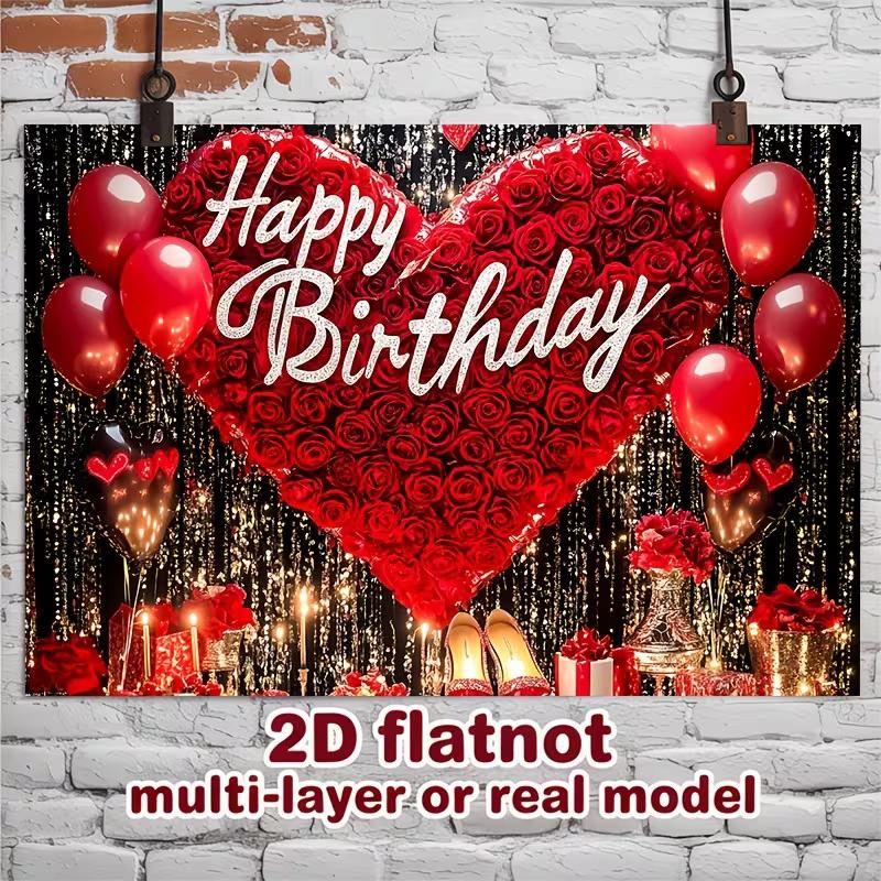 2D Red Black Gold Birthday Backdrop, Rose Heart & Candles Photo Booth Background