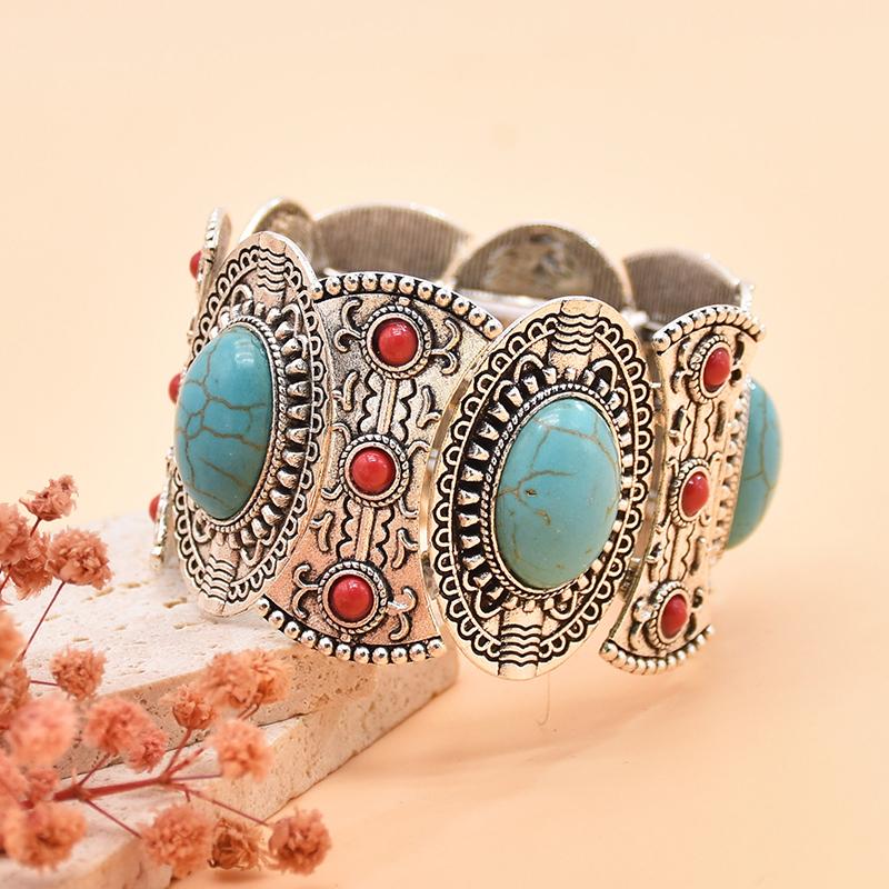 Vintage Boho Imitation Turquoises Elastic Bracelets Bangles for Women Ethnic Carved Silver Color Metal Bracelet Vacation Jewelry