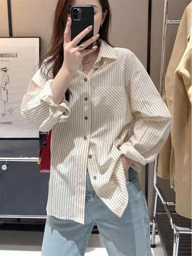 Women's Japanese-Style Striped Raglan Sleeve Shirt - Trendy, Loose, and Versatile for Spring and Autumn