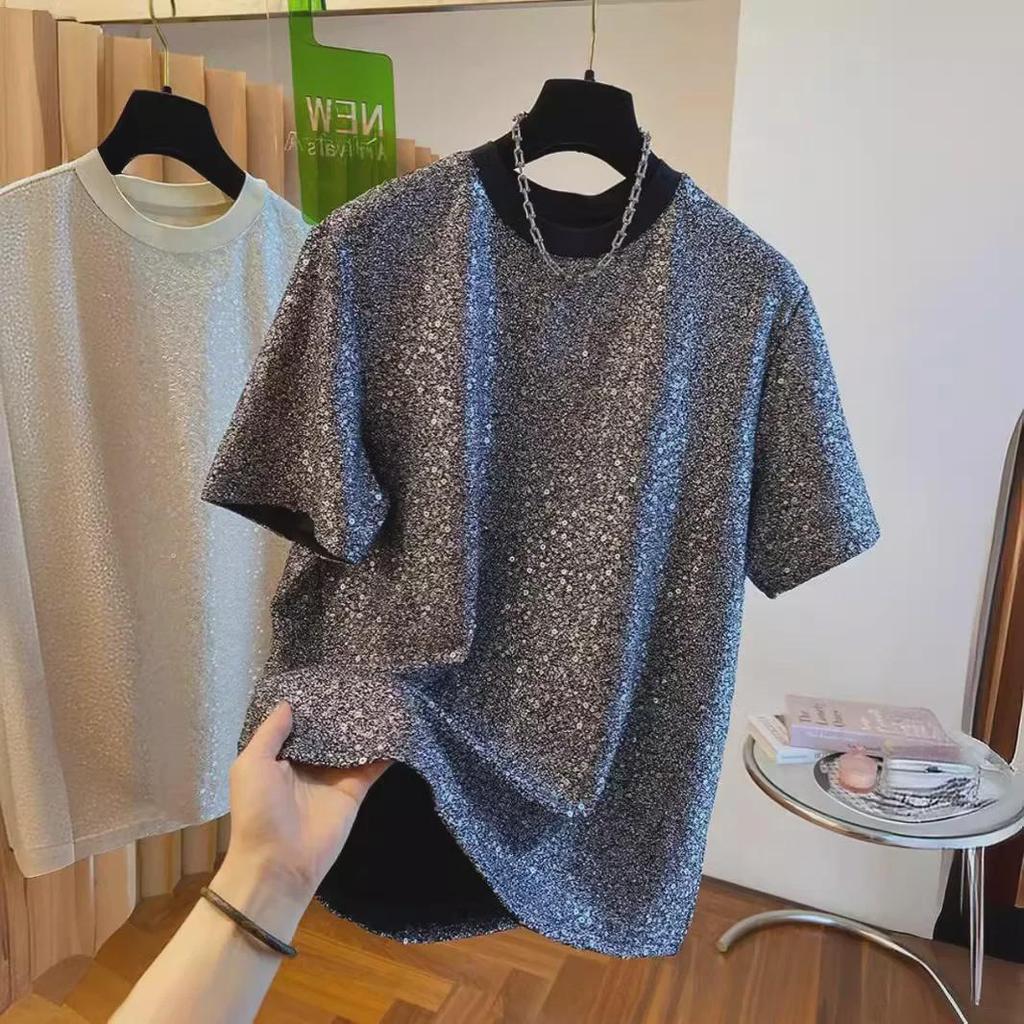 Men's Chic Sequin Silk T-Shirt - European Loose-Fit Short Sleeve Design