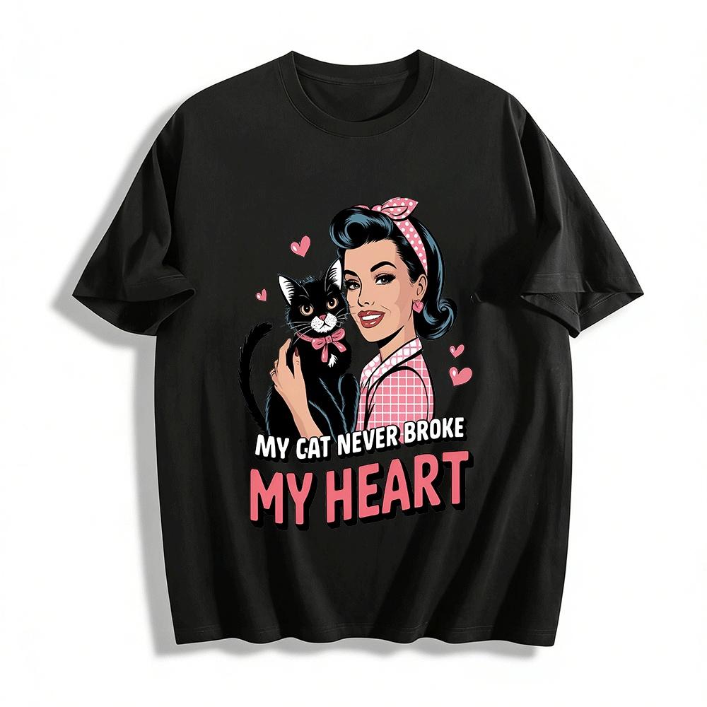 Retro Style Cat Lover Heart Print Top My Cat Never Broke My Heart Pure cotton T-shirt XXS