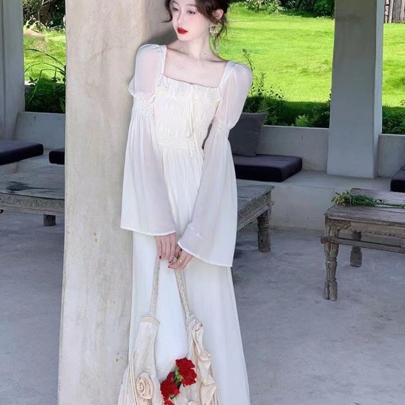 Spring Summer French Square Neck Fairy Dress Princess Dress Slimming Long Sleeve Dress Super Fairy Long White Skirt