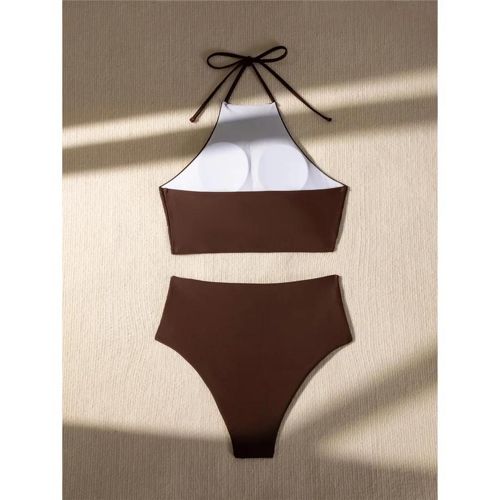 Halter Wrinkled High Neck Female Swimsuit High Waist Bikini Women Swimwear Two-pieces Bikini set Bather Bathing Suit Swim