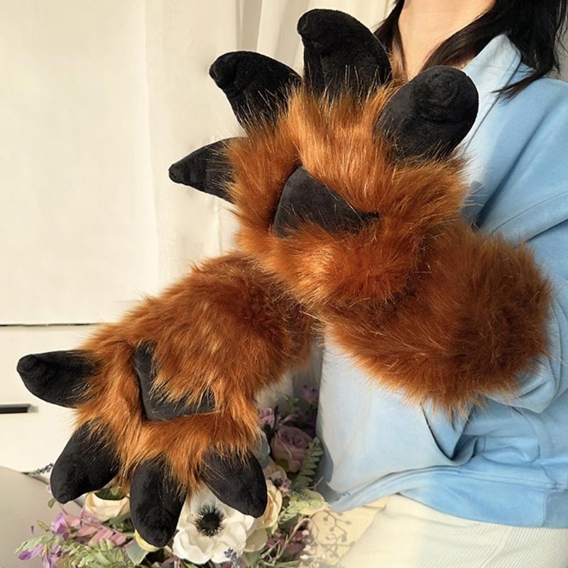 Faux Furs Plush Cats Claw Gloves Fursuit Animal Foxes Paws Mittens Halloween Cosplay Costume Accessories Adult Kids