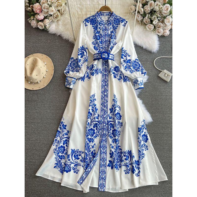 

Retro Lantern Long Sleeve Stand Collar Celadon Dress Dress White L